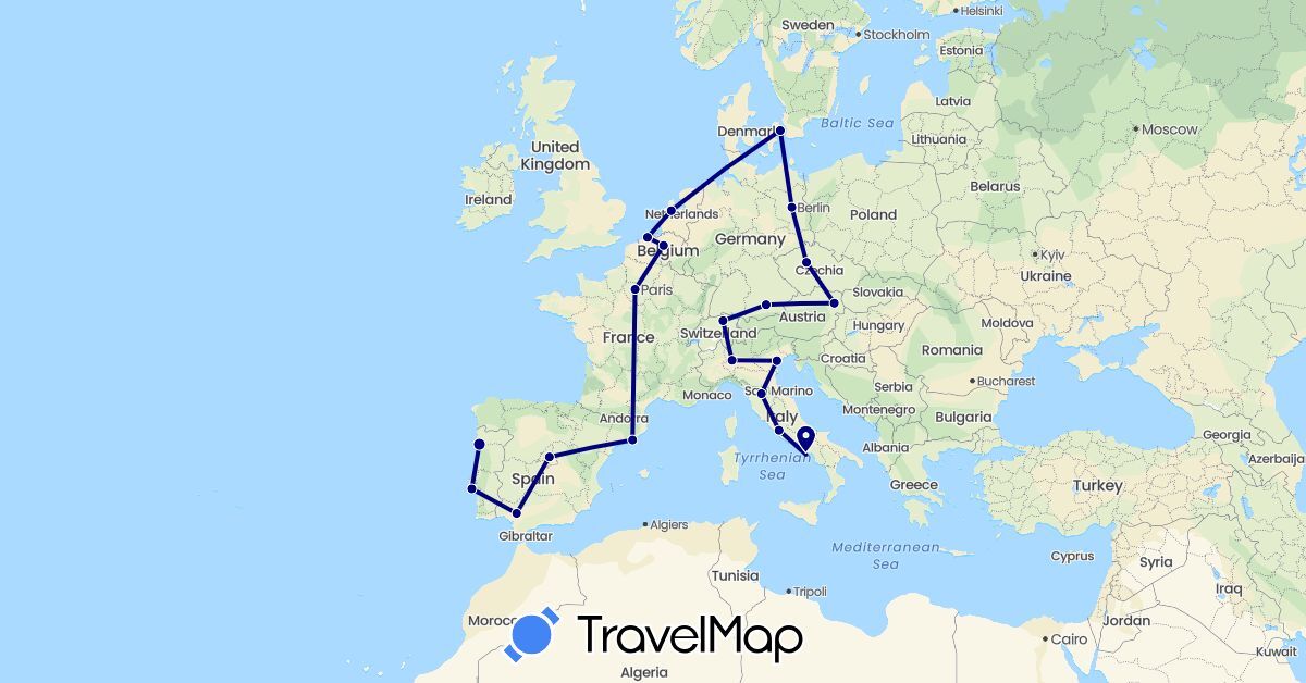 TravelMap itinerary: driving in Austria, Belgium, Switzerland, Czech Republic, Germany, Denmark, Spain, France, Italy, Netherlands, Portugal (Europe)